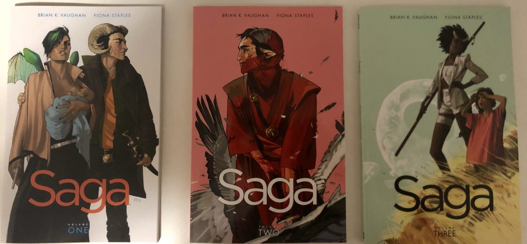 Covers of Saga Vol 1, 2 & 3 (Writer: Brian K. Vaughan / Artist: Fiona Staples)